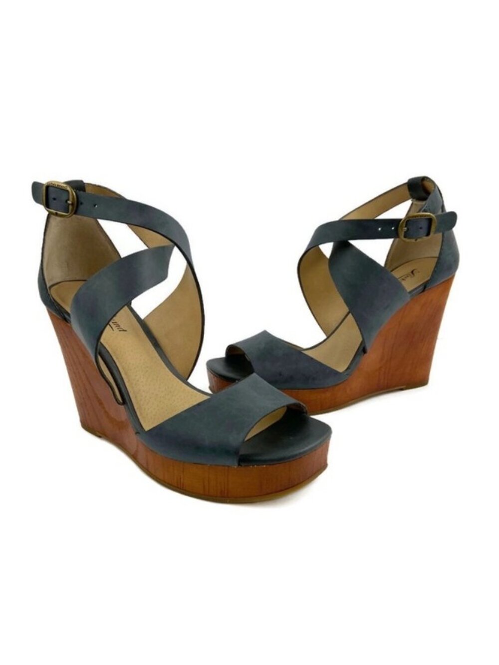 Lucky Brand Lyndell Blue Leather Wedge Platform Heels Sandals NEW